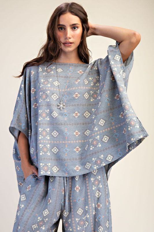 Ethnic Print Boxy Top- Denim