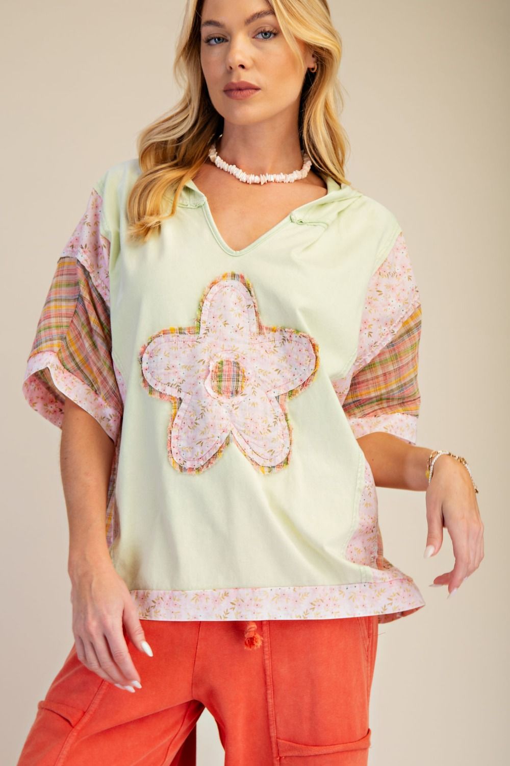 Flower &amp; Plaid Hoodie Pullover- Sage