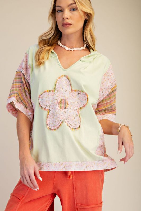 Flower &amp; Plaid Hoodie Pullover- Sage