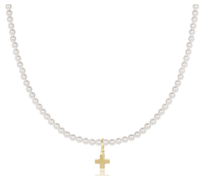 17" Choker Beaded - Classic Pearl 3mm  - Signature Cross Gold Charm