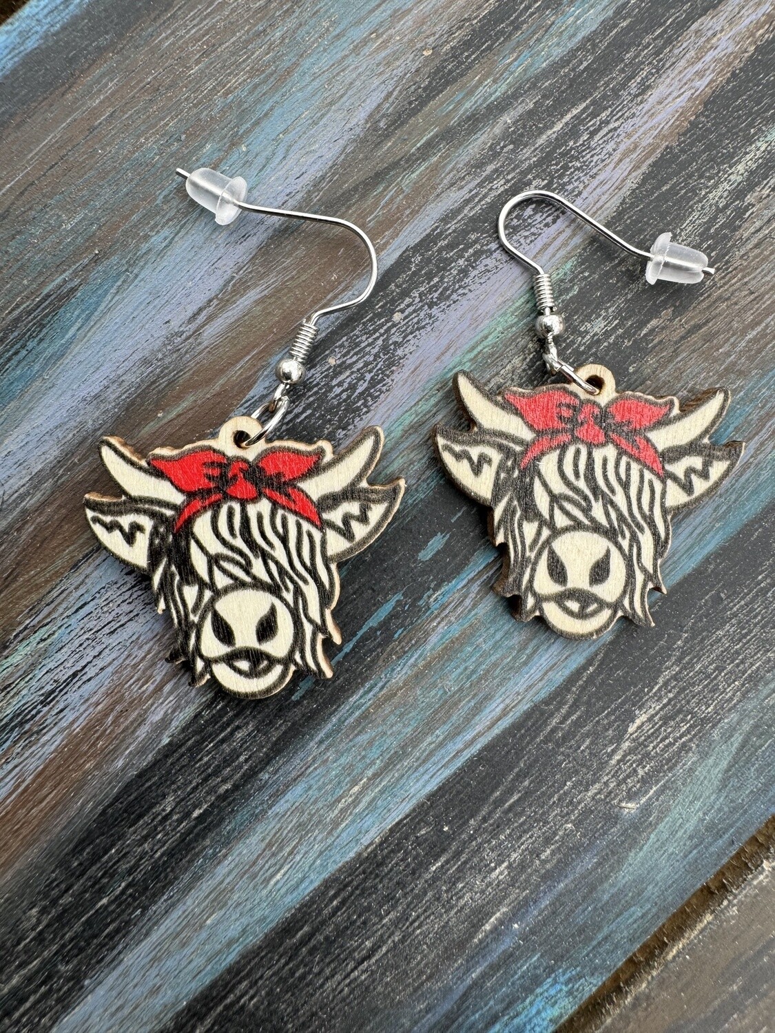Highland Cow Wooden Earrings, Colour: Red