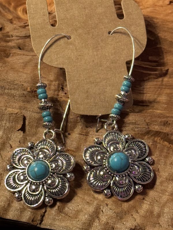 Western Floral Drop Earrings with Turquoise Beads