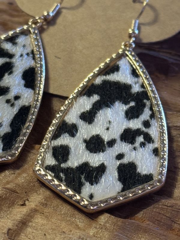 Cowhide Teardrop Earrings with Gold Trim