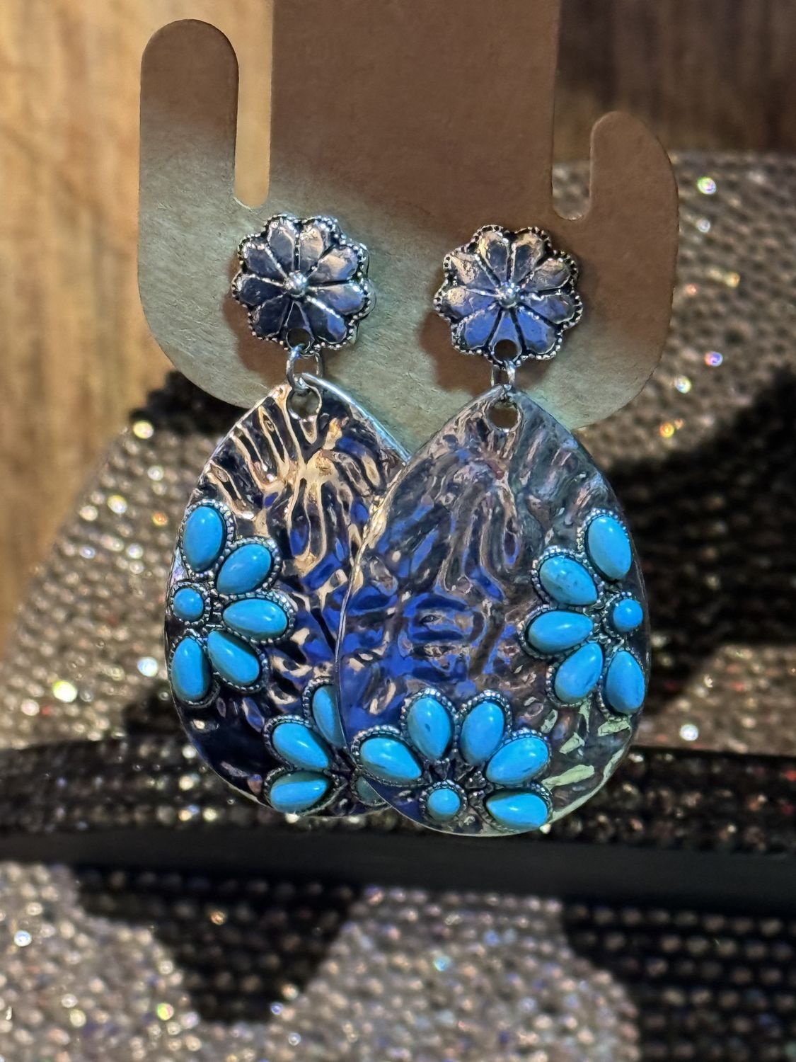 Hammered Silver Floral Teardrop Earrings with Turquoise Accents