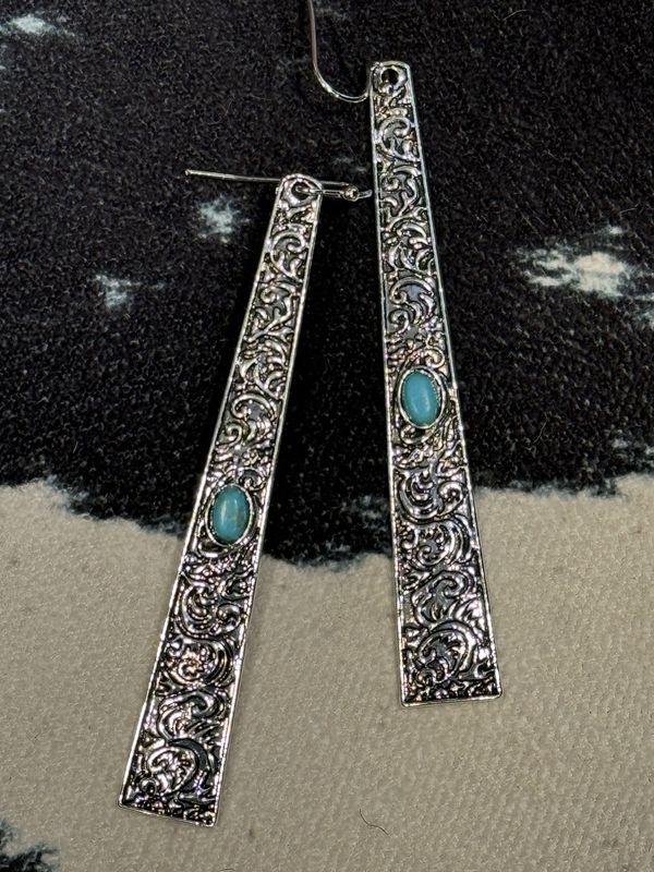 Tooled Bar Drop Earrings with Turquoise Accent