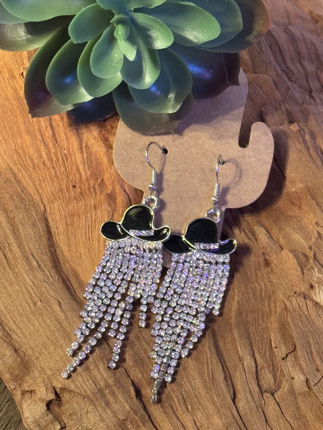 Rhinestone Fringe Cowboy Hat Earrings
