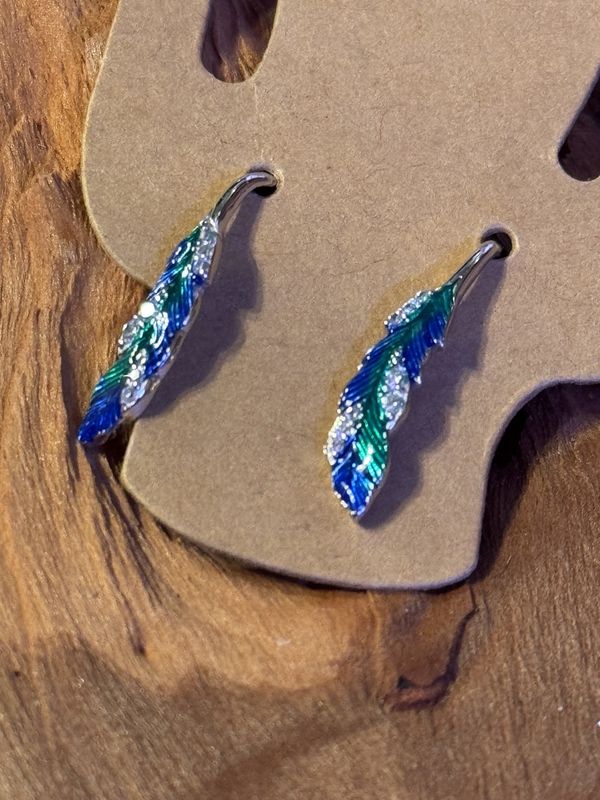 Sterling Silver &amp; Enamel Peacock Feather Stud Earrings