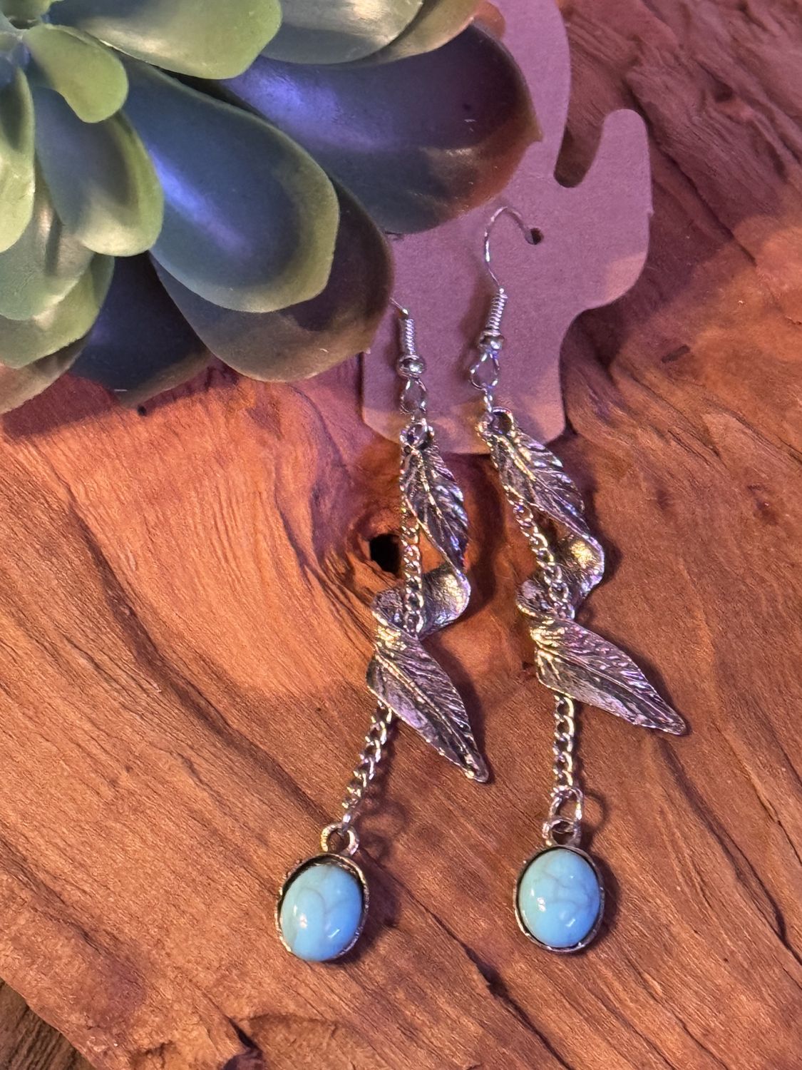 Feather Chain Dangle Earrings with Turquoise Drop