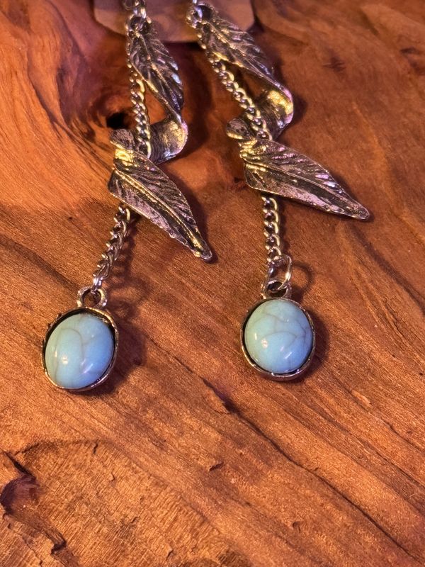 Feather Chain Dangle Earrings with Turquoise Drop