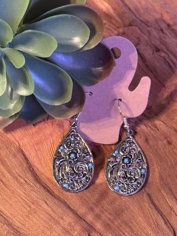 Antique Silver Floral Teardrop Earrings with Turquoise Accents