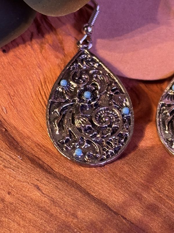 Antique Silver Floral Teardrop Earrings with Turquoise Accents
