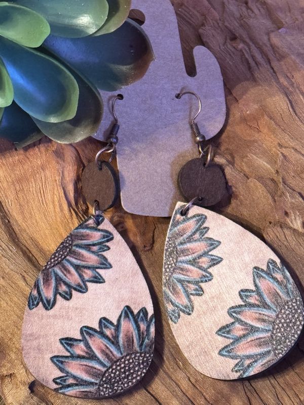 Sunflower Teardrop Wooden Earrings