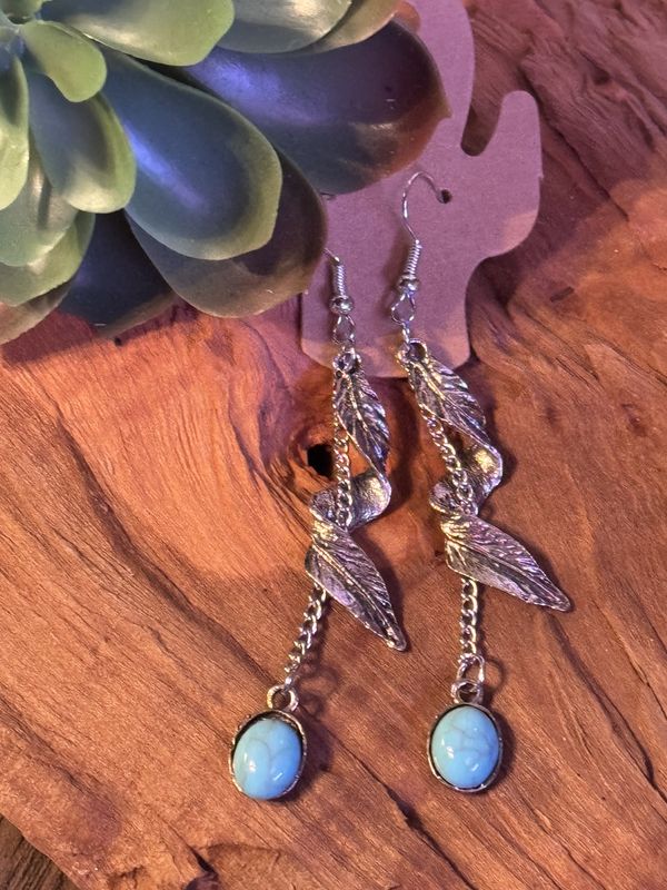 Feather Chain Dangle Earrings with Turquoise Drop