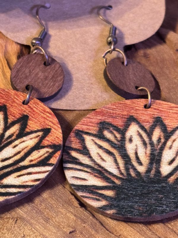 Wooden Sunflower Drop Earrings