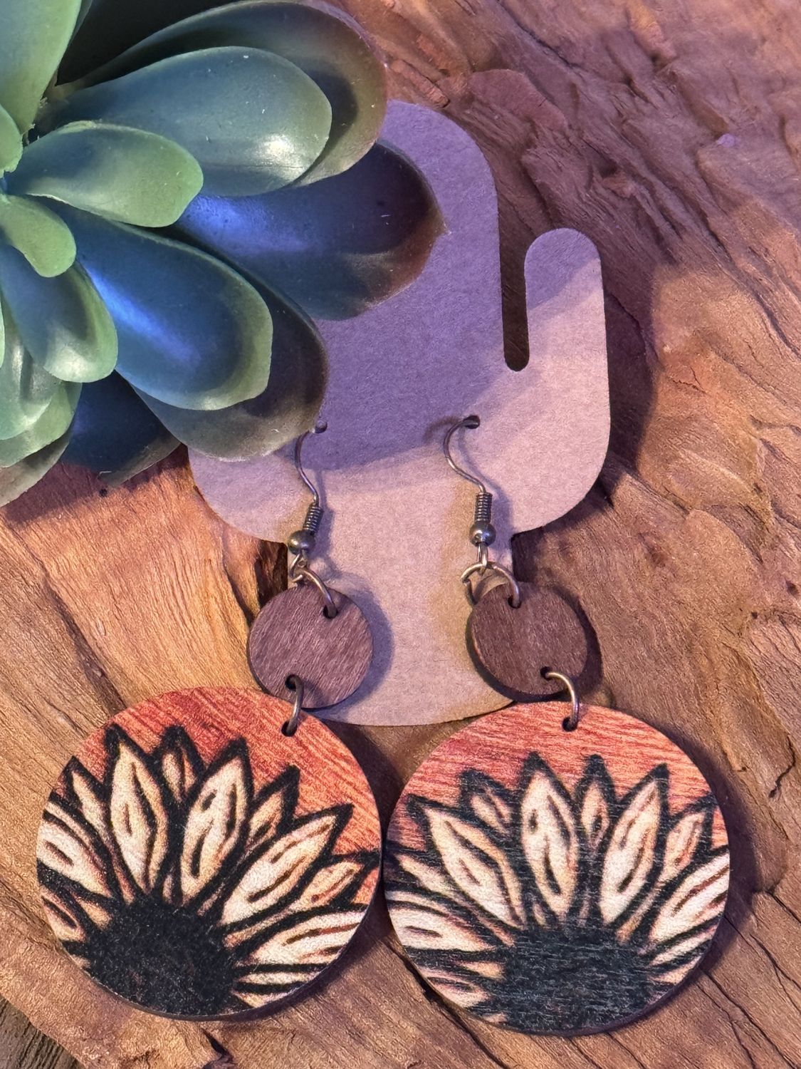 Wooden Sunflower Drop Earrings