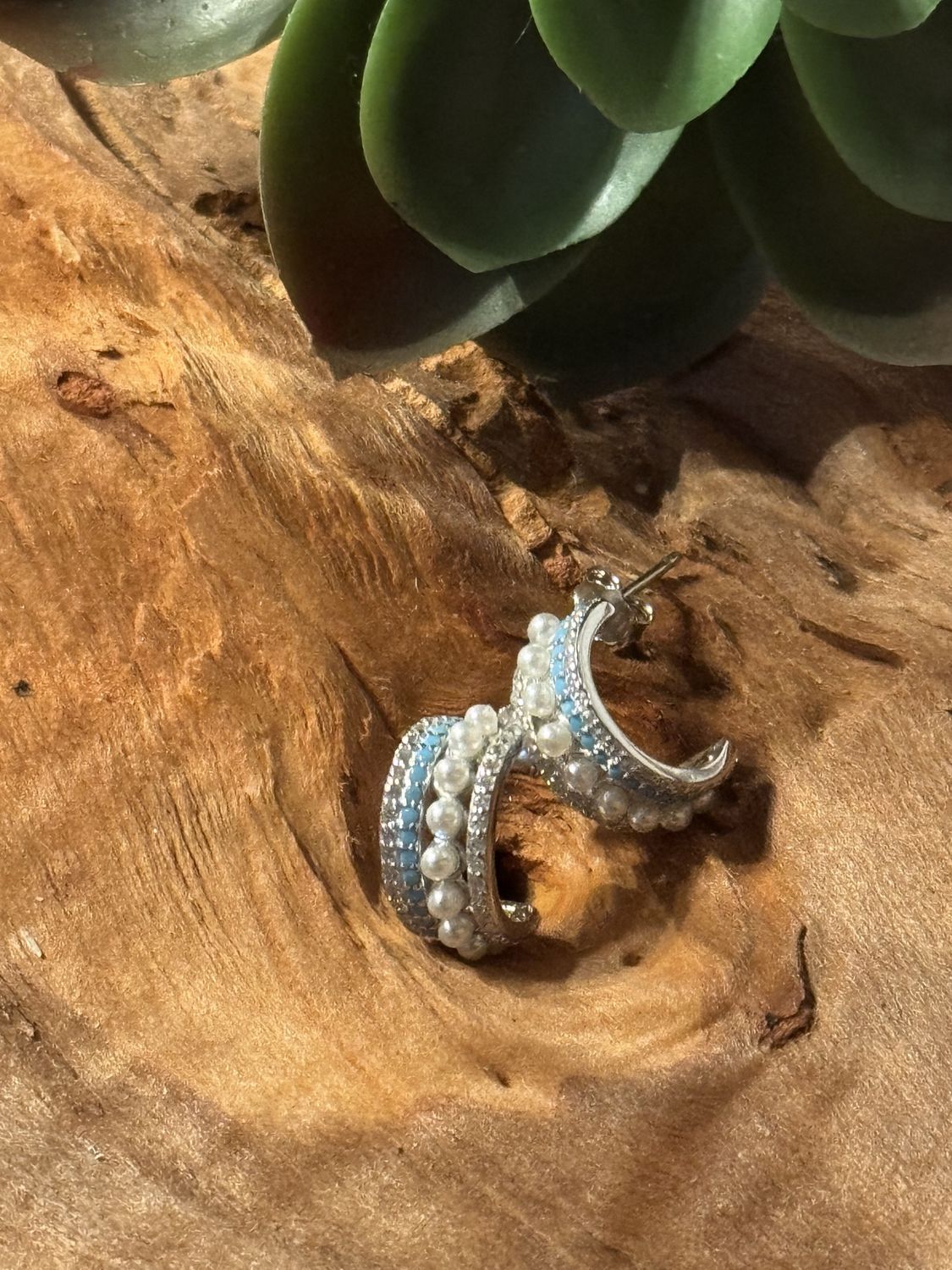Triple Row Crystal, Pearl &amp; Turquoise Hoop Earrings
