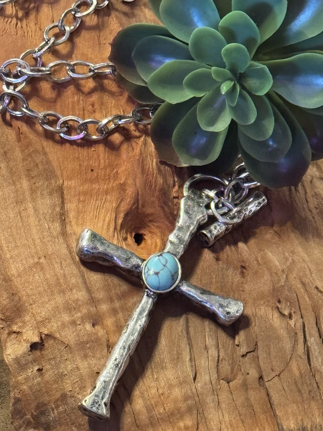Silver Cross Necklace w/ Turquoise Accent