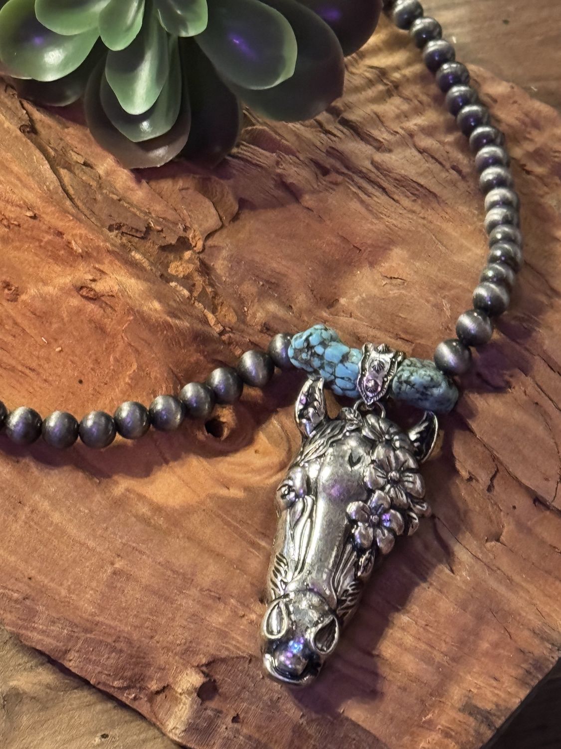 Floral Horse Head Pendant Necklace with Faux Navajo Pearls