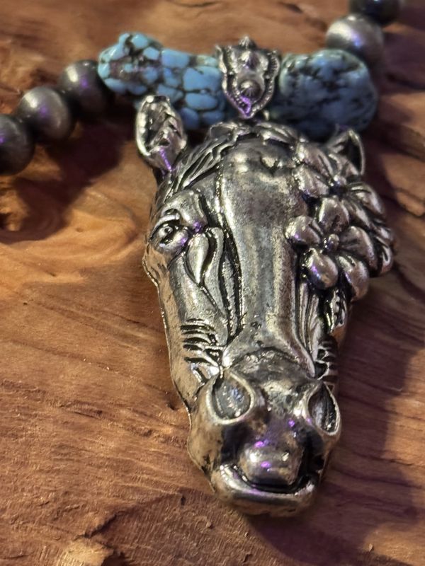 Floral Horse Head Pendant Necklace with Faux Navajo Pearls