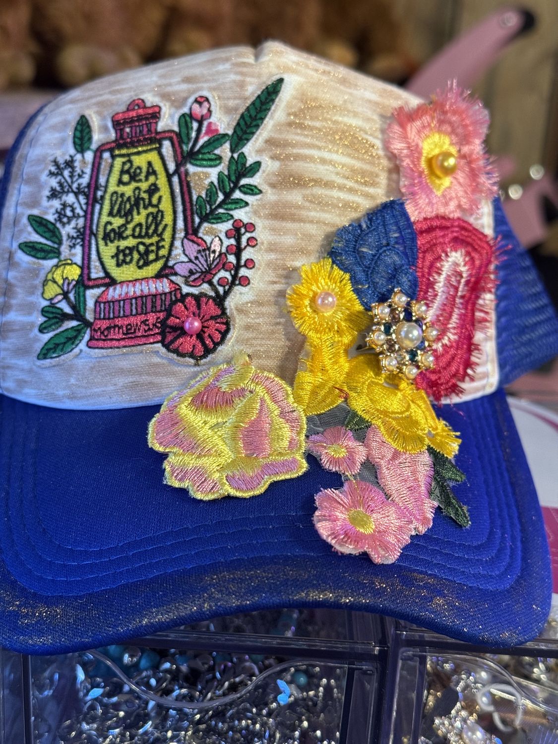 “Be a Light” Floral Patch Trucker Hat – One-of-a-Kind Handmade
