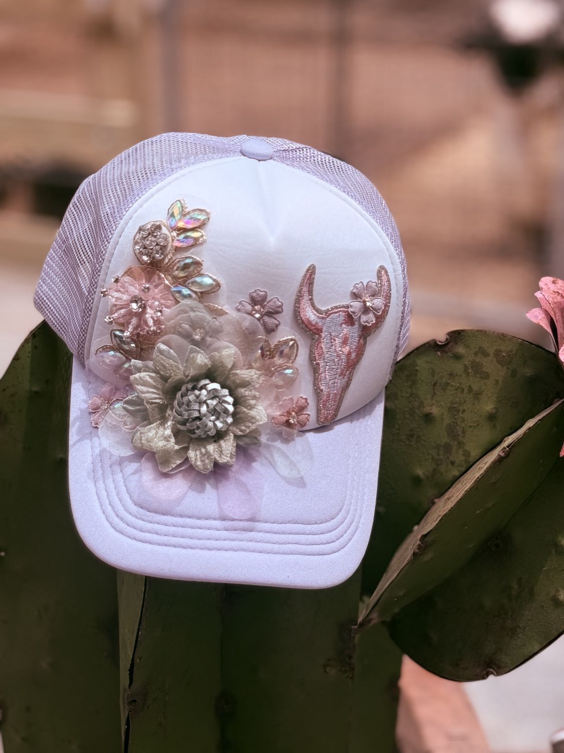 Western Bloom Trucker Hat – Blush &amp; Rhinestone Longhorn (One-of-a-Kind)