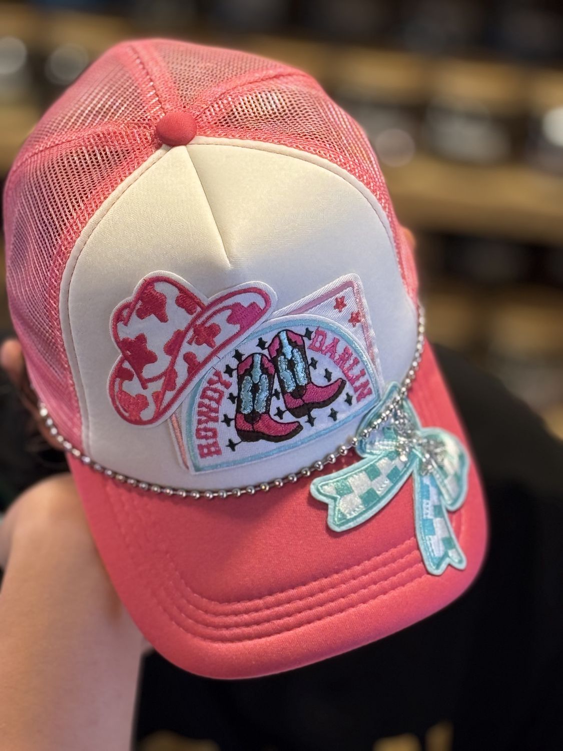 Howdy Darlin’ Trucker Hat – Cowgirl Boots, Hat &amp; Bow Patch (One-of-a-Kind)