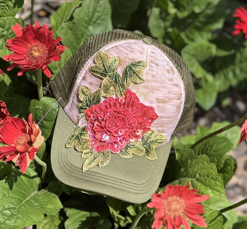 Wild Rose Trucker Hat – Olive &amp; Blush with Sequined Appliqué (One-of-a-Kind)