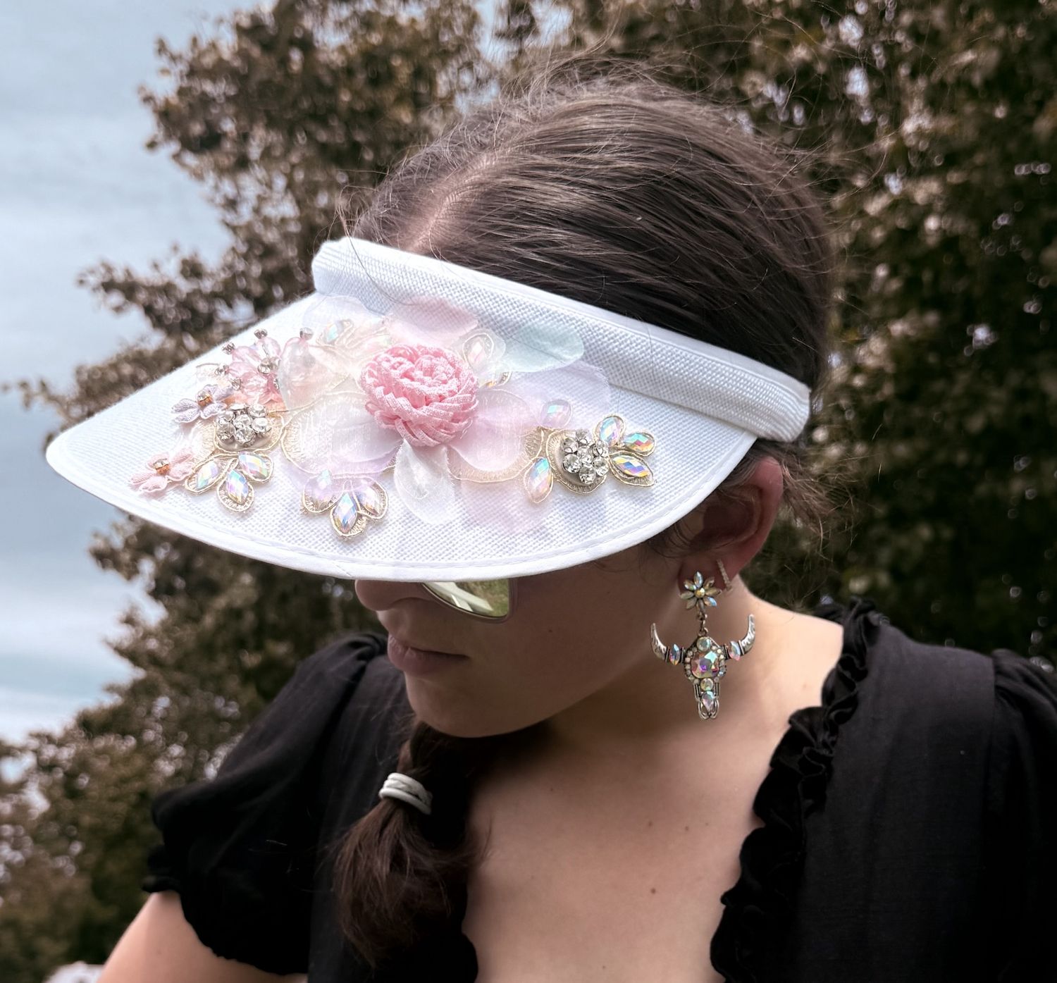 Blush Bloom Visor – One-of-a-Kind Iridescent Floral &amp; Gemstone Design