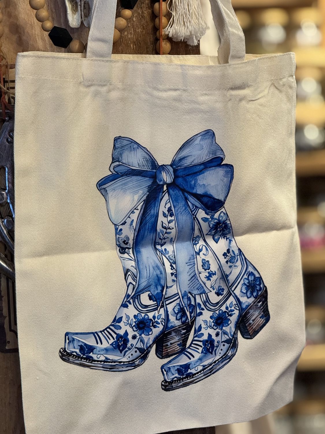 Blue Floral Cowgirl Boot Tote Bag