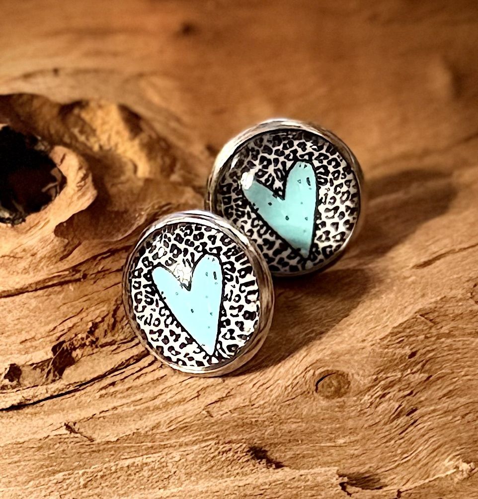Turquoise Heart Leopard Print Dome Stud Earrings | Boutique Fashion Jewelry | LynnDare Farms