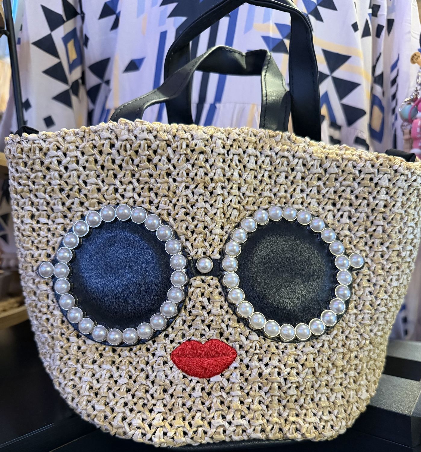 Pearl Sunglasses Face Straw Tote Bag – Boutique Statement Purse with Shoulder Strap