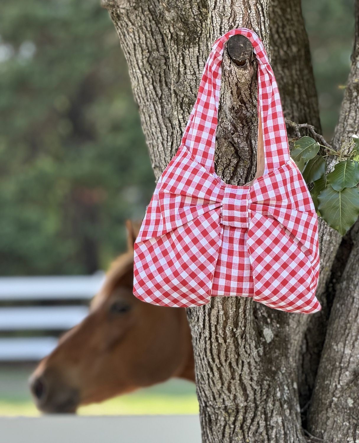 Red Gingham Bow Tote Bag | Boutique Farm Style Bag at LynnDare Farms