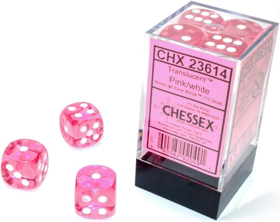 Chessex: 16mm d6 Dice Block (12 dice) - Translucent Pink/White