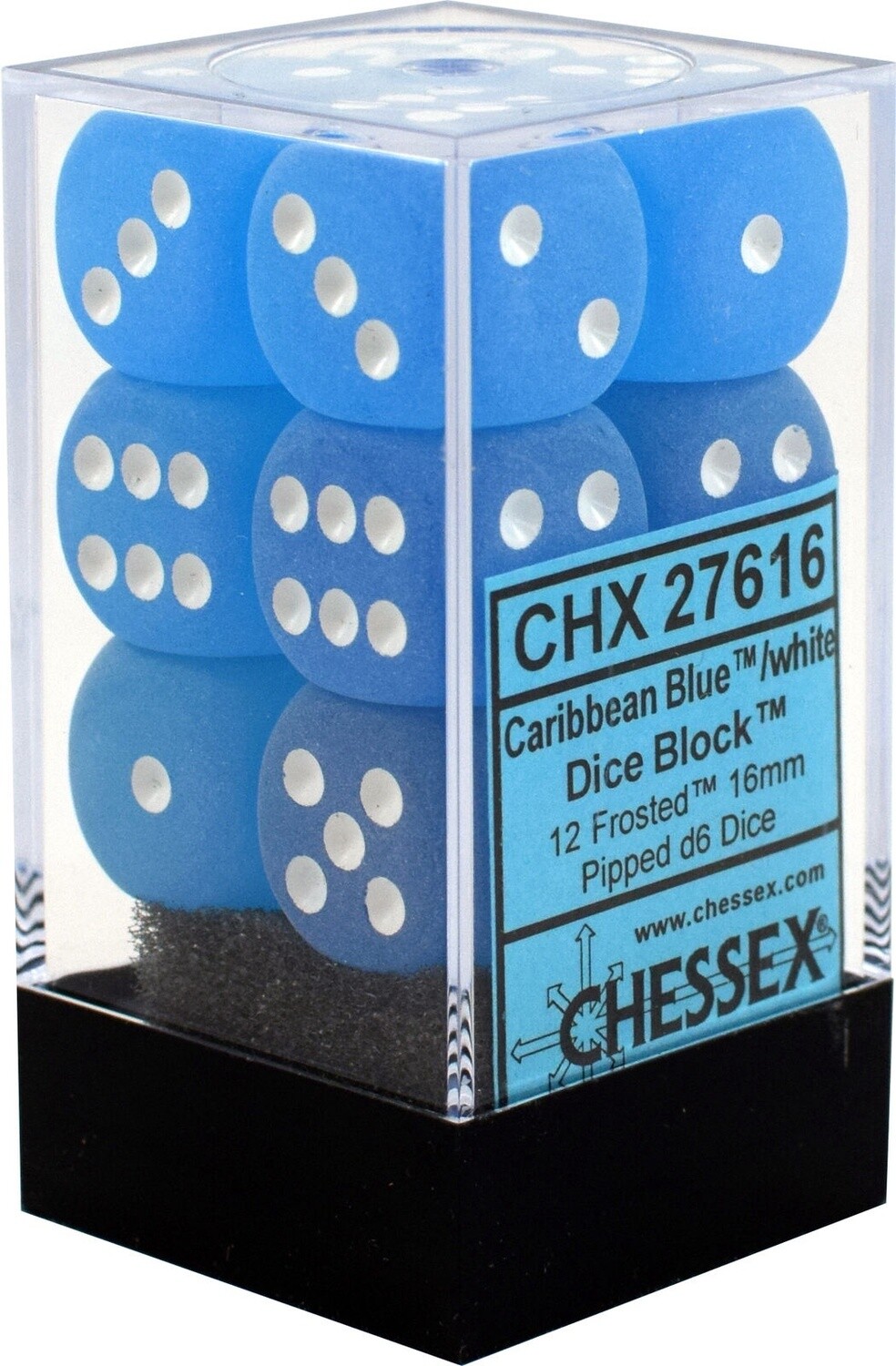 Chessex: 16mm d6 Dice Block (12 dice) - Frosted Caribbean Blue w/white