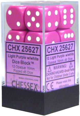 Chessex: 16mm d6 Dice Block (12 dice) - Opaque Light Purple w/white