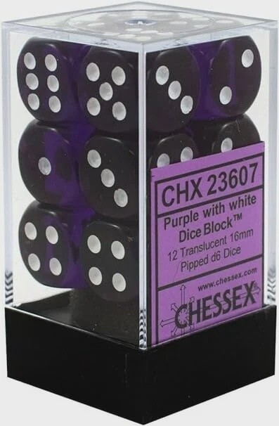 Chessex: 16mm d6 Dice Block (12 dice) - Translucent Purple w/white