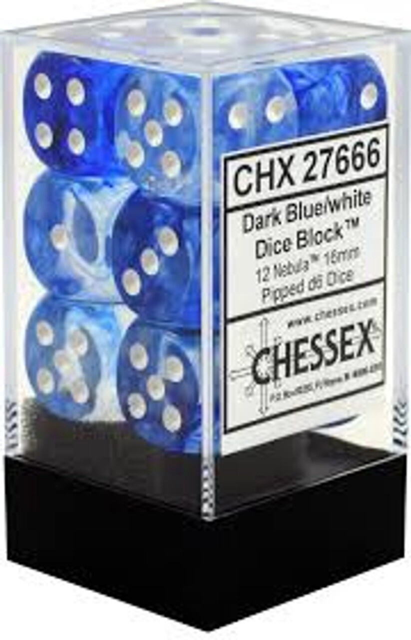 Chessex: 12mm d6 Dice Block (36 dice) - Nebula Dark Blue w/white