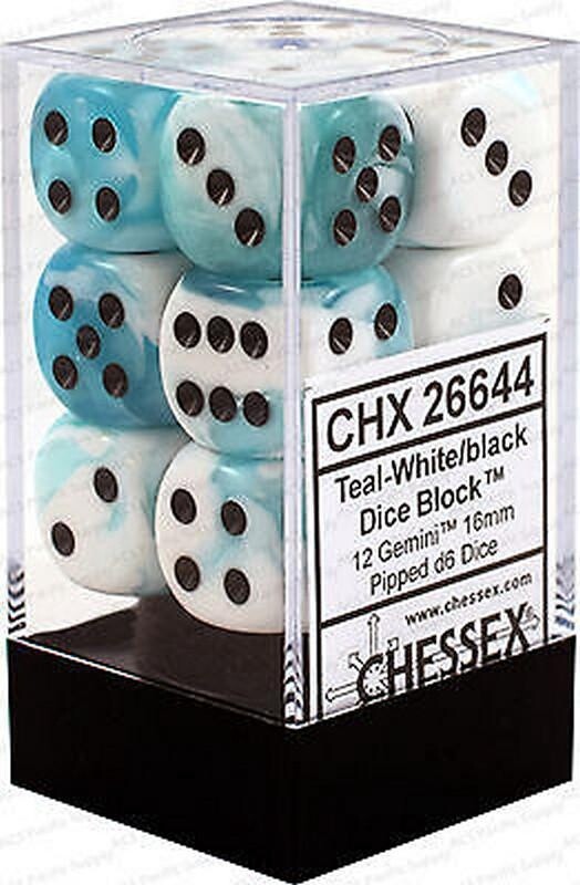 Chessex: 16mm d6 Dice Block (12 dice) - White &amp; Teal with Black (12) - CHX26644