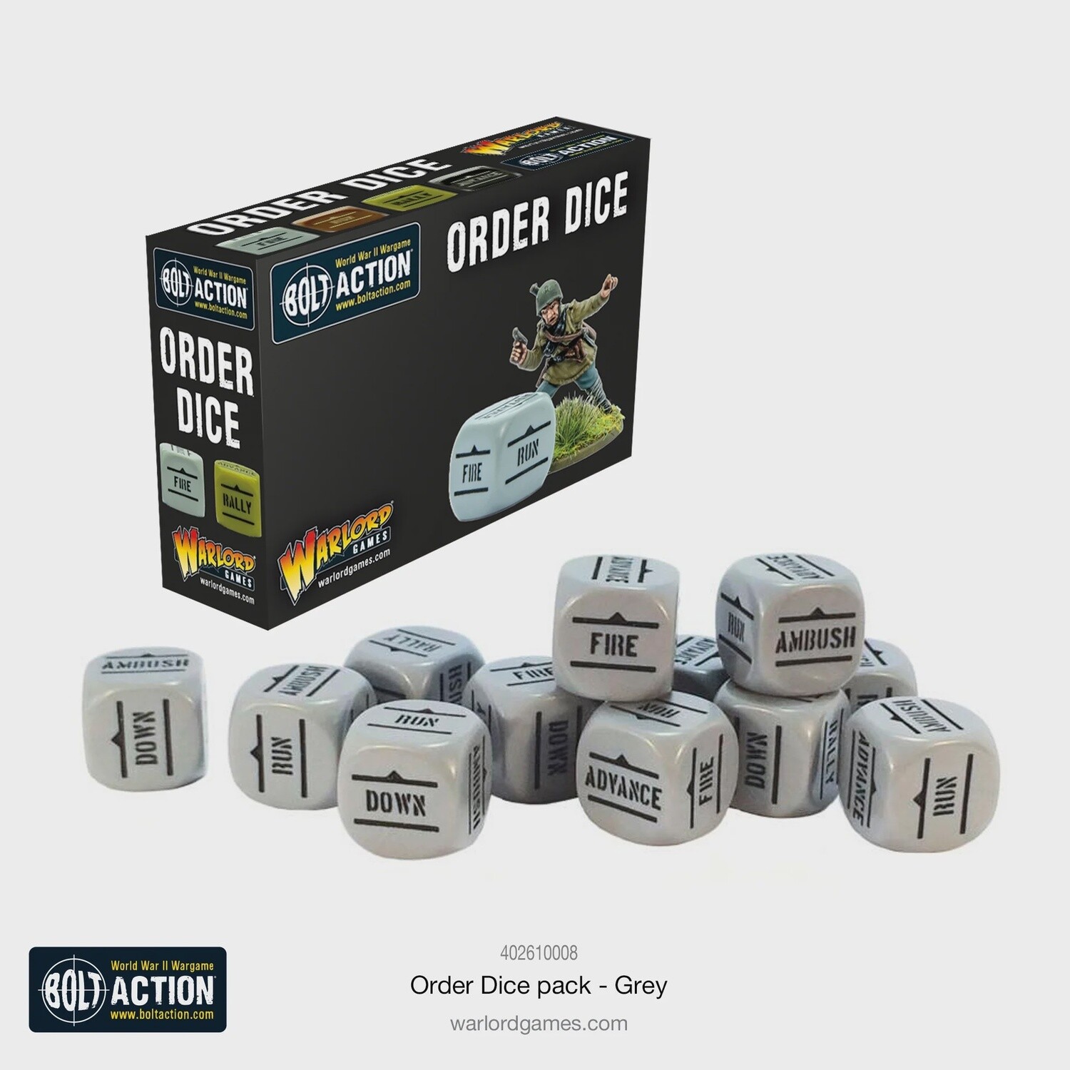 12 Grey Bolt Action Order D6 Dice Set