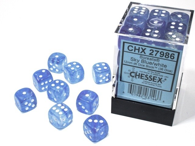 Chessex: 12mm d6 Dice Block (36 dice) - Borealis Sky Blue/White