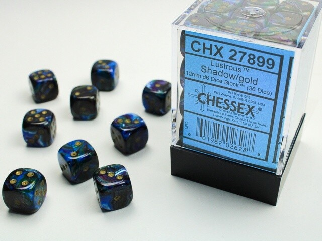 Chessex: 12mm d6 Dice Block (36 dice) - Lustrous Shadow/Gold