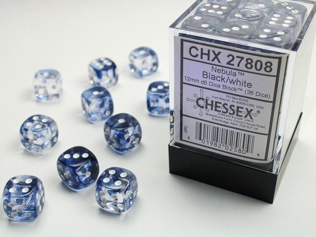 Chessex: 12mm d6 Dice Block (36 dice) - Nebula Black/White