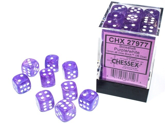 Chessex: 12mm d6 Dice Block (36 dice) - Borealis Purple/White