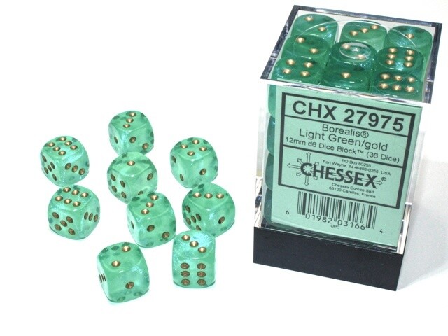 Chessex: 12mm d6 Dice Block (36 dice) - Borealis Light Green/Gold