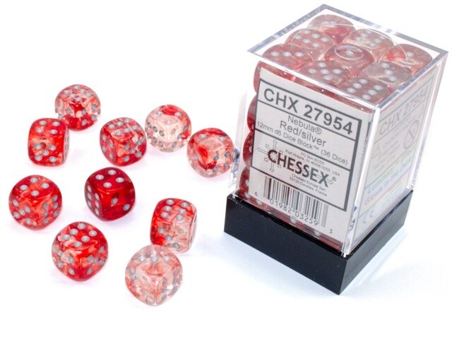 Chessex: 12mm d6 Dice Block (36 dice) - Nebula Luminary: Red/Silver