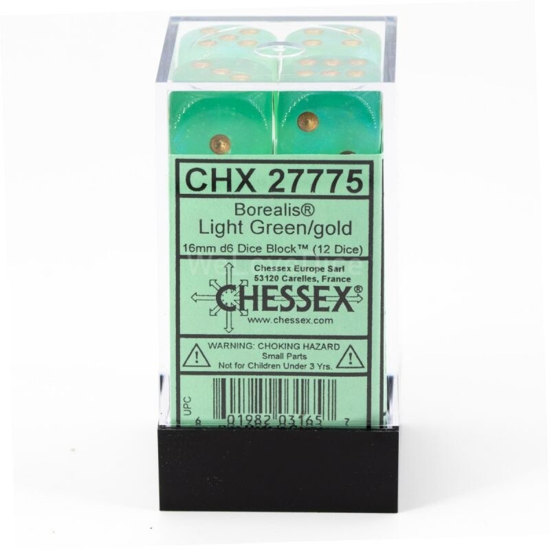 Chessex: 16mm d6 Dice Block (12 dice) - Borealis Light Green/Gold Luminary CHX27775