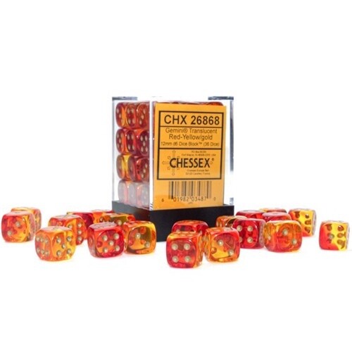 Chessex: 12mm d6 Dice Block (36 dice) - Translucent Gemini Red-Yellow w/Gold