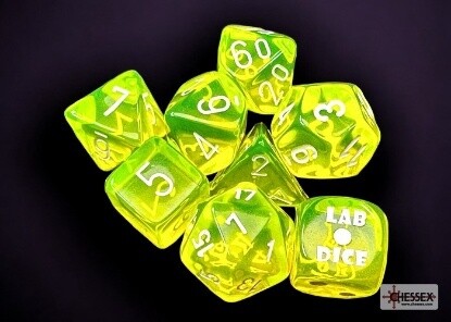 Chessex: Lab Dice - Translucent Neon Yellow/White Polyhedral 7-Dice Set (with bonus die)