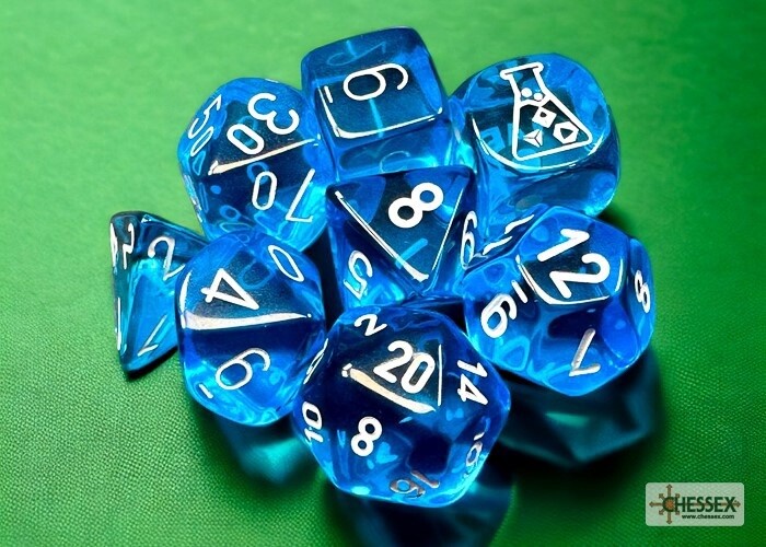 Chessex: Lab Dice - Translucent Tropical Blue/White Polyhedral 7-Dice Set (with bonus die)
