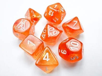 Chessex: Lab Dice - Borealis Blood Orange/White Luminary Polyhedral 7-Dice Set (with bonus die)